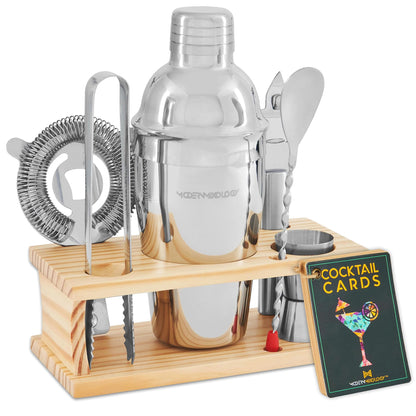 Modern Mixology Cocktail Shaker Set - Bartender Kit with Pine Stand | Leak-Proof Design | Includes Martini Shaker, Jigger, Strainer, Spoon, Tongs | Perfect Bar Tools Gift for Home Mixology (Silver)