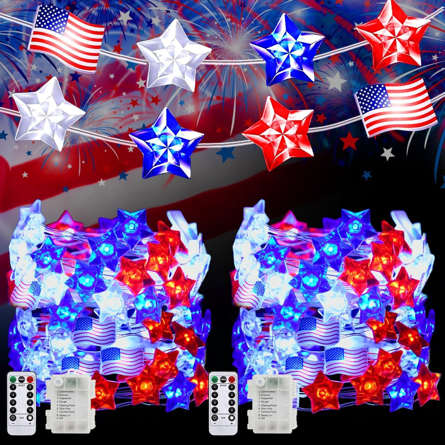 2 100 4th 34Ft 8 PASUTO Pcs LED of July Decorations American Flag & Star Fairy Lights Battery Operated, Mini Red White