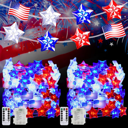 2 100 4th 34Ft 8 PASUTO Pcs LED of July Decorations American Flag & Star Fairy Lights Battery Operated, Mini Red White