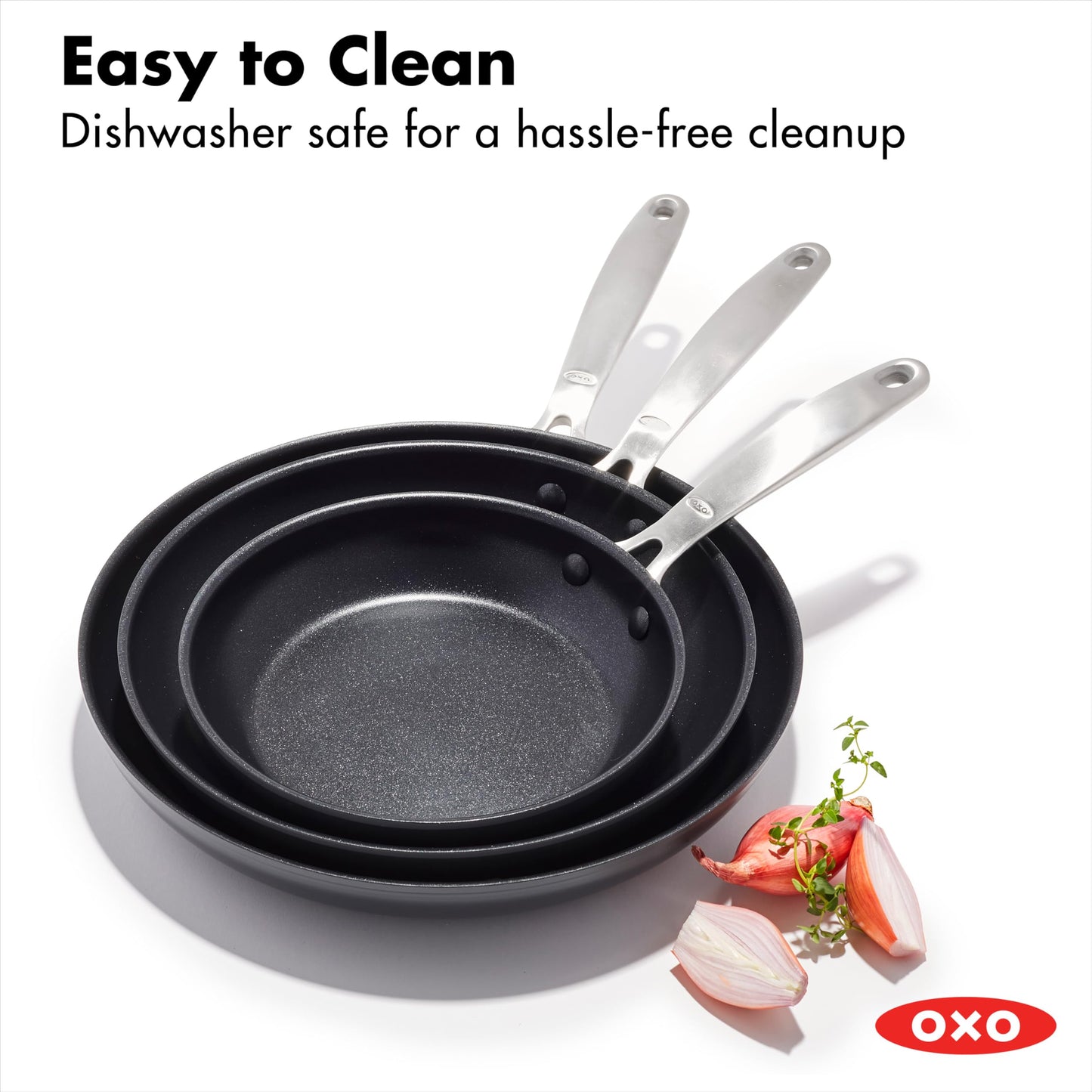 OXO Enhanced, 8" 10" and 12" 3 Piece Frying Pan Skillet Set, Healthy Ceramic Nonstick, PFAS-Free, Stainless Steel Handle, Dishwasher Safe, Oven Safe, Black