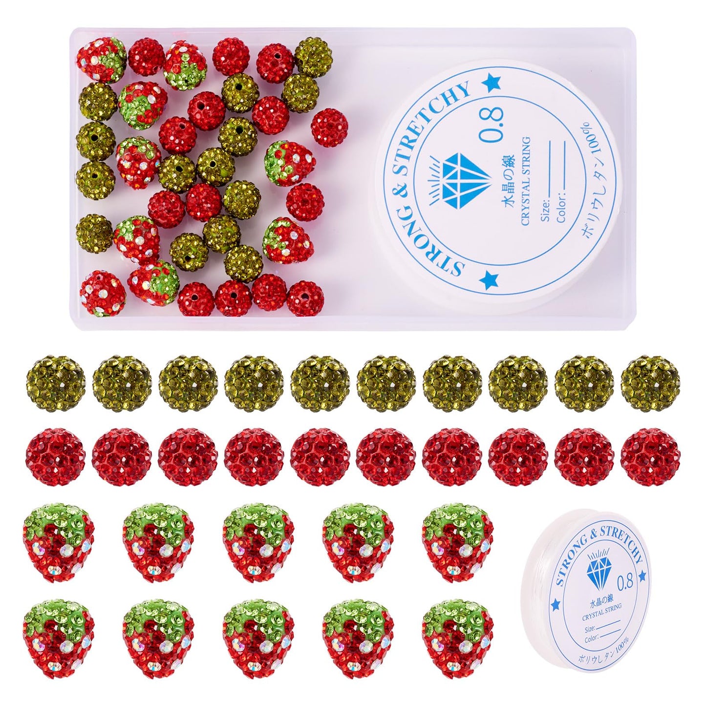 KISSITTY 40Pcs Strawberry Polymer Clay Beads Bracelet Making Kit Crystal Round Rhinestone Beads Colorful Disco Ball Bead with Elastic String for Bracelets Necklaces Jewelry Making Supplies DIY Crafts