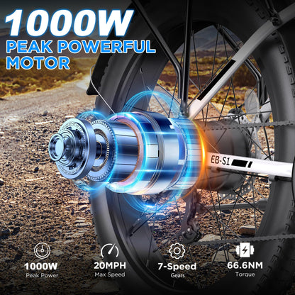 Funhang Electric Bike for Adults, 1000W Peak Ebike, 20MPH 60Miles Electric Mountain Bike, 26" Fat Tire Electric Bicycle with 48V 13AH Battery, Front Suspension,7 Speed, Rear Rack, UL 2849 Certified