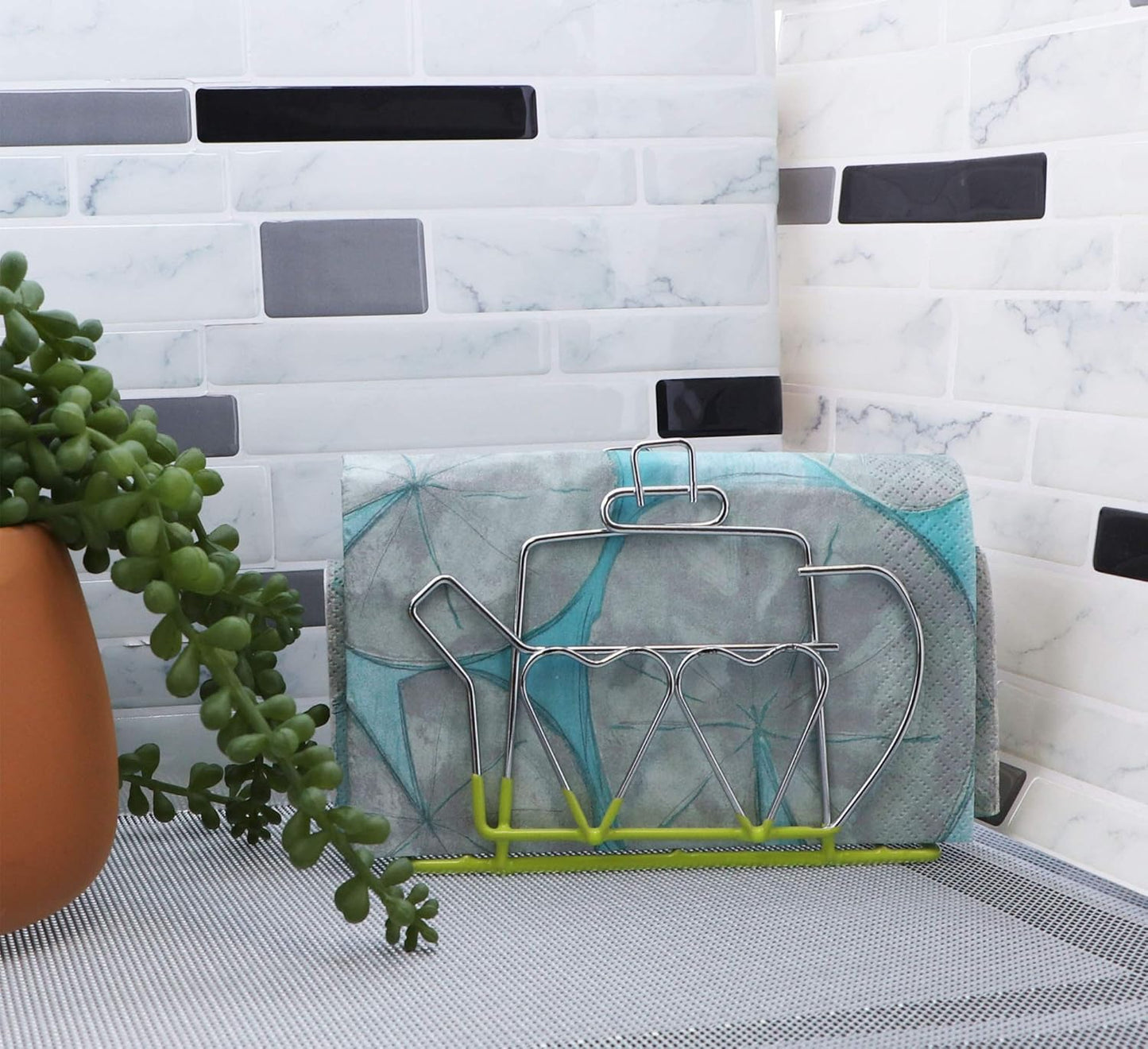 Wire Napkin Stand with Teapot Holder (Green) - Napkin Holder for Dining Table