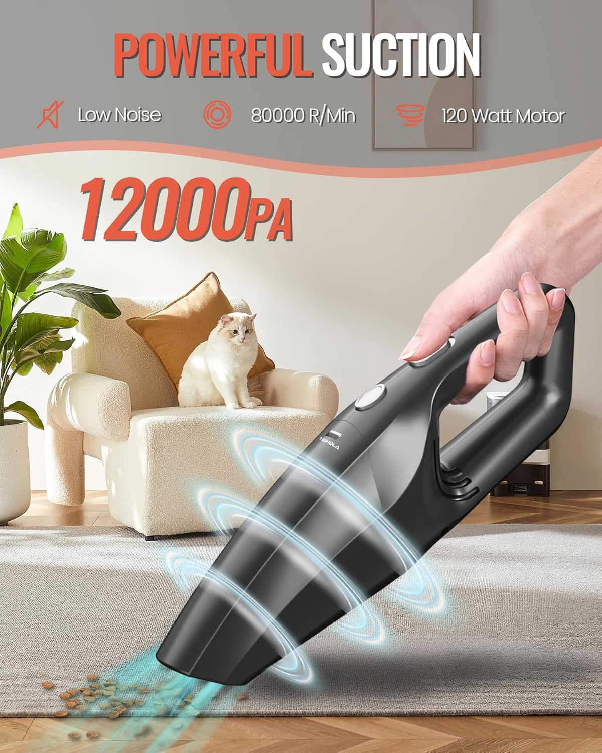 TEMOLA Handheld Vacuum Cordless, 12000Pa Portable Car Vacuum with Brushless Motor, Lightweight Handheld Cleaner