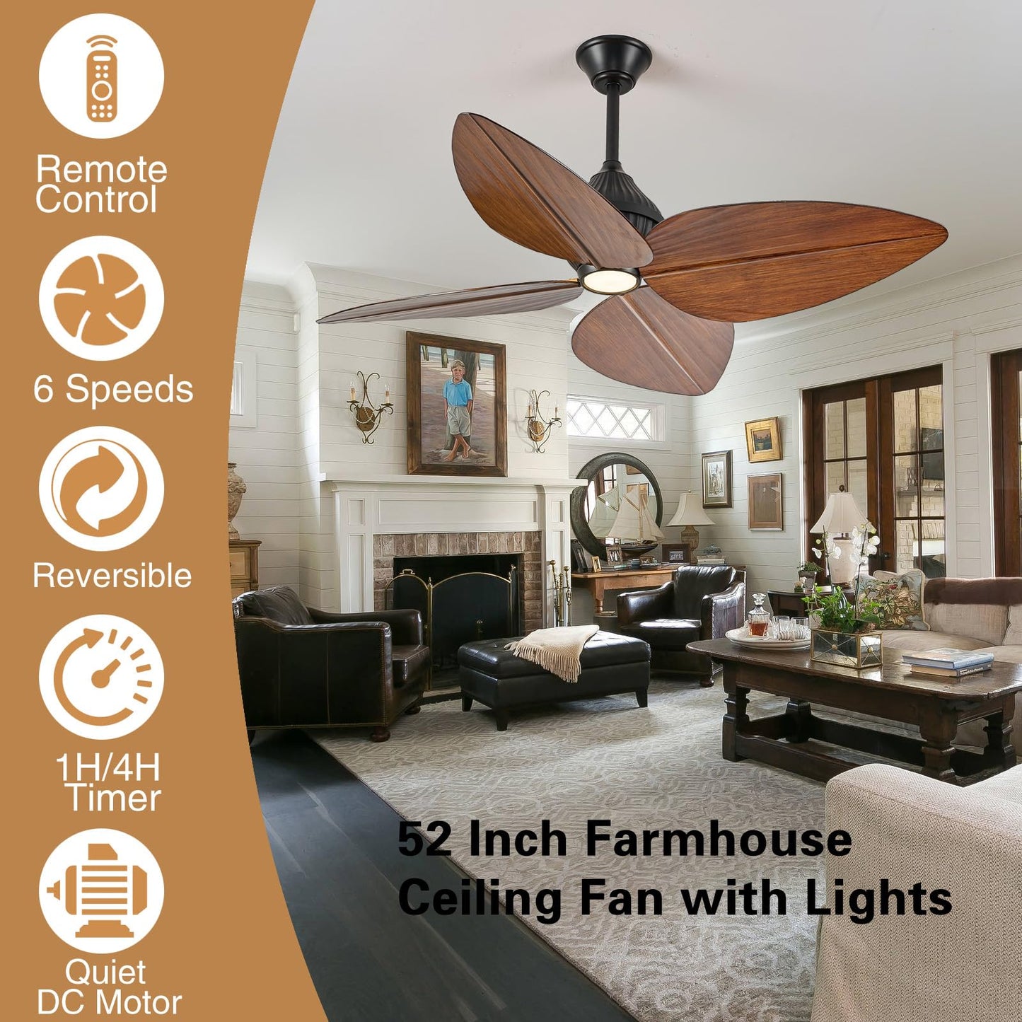 Fanyank 52“ Leaf Ceiling Fan with Light, Remote and App Control, 6 Speed Reversible, 3 Color Dimmable, Tropical Coastal Fandelier Ceiling Fans, for Bedroom, Living Room (Dark Brown)
