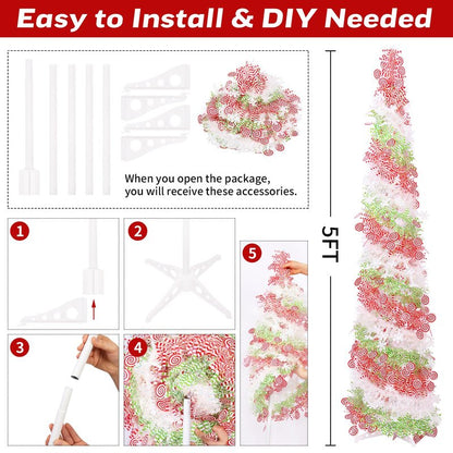 5FT Artificial Pencil Christmas Tree, Red Green White Pop Up Small Christmas Tinsel Tree, for Home Holiday Porch Fireplace Xmas Indoor Party Decoration.