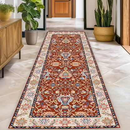 Washable 2x6 Hallway Runner Rug, Non-Slip Low Pile Cozy Kitchen Runner Rug, Brick Red Boho Vintage Floral, Ultra Soft, Stain Resistant, Pet & Kid Friendly Rugs for Bedroom Bathroom Laundry Room