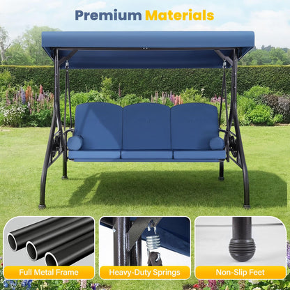 3-Seat Outdoor Porch Swing with Adjustable Canopy, Convertible 2-in-1 Patio Swing & Bed with Thick Cushions, Pillows & Cup Holders for Porch, Backyard & Garden (Blue)