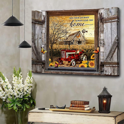 Farmhouse Canvas Wall Art Red Old Tractor Picture, Rustic Sunflowers Country Painting for Kitchen Decor