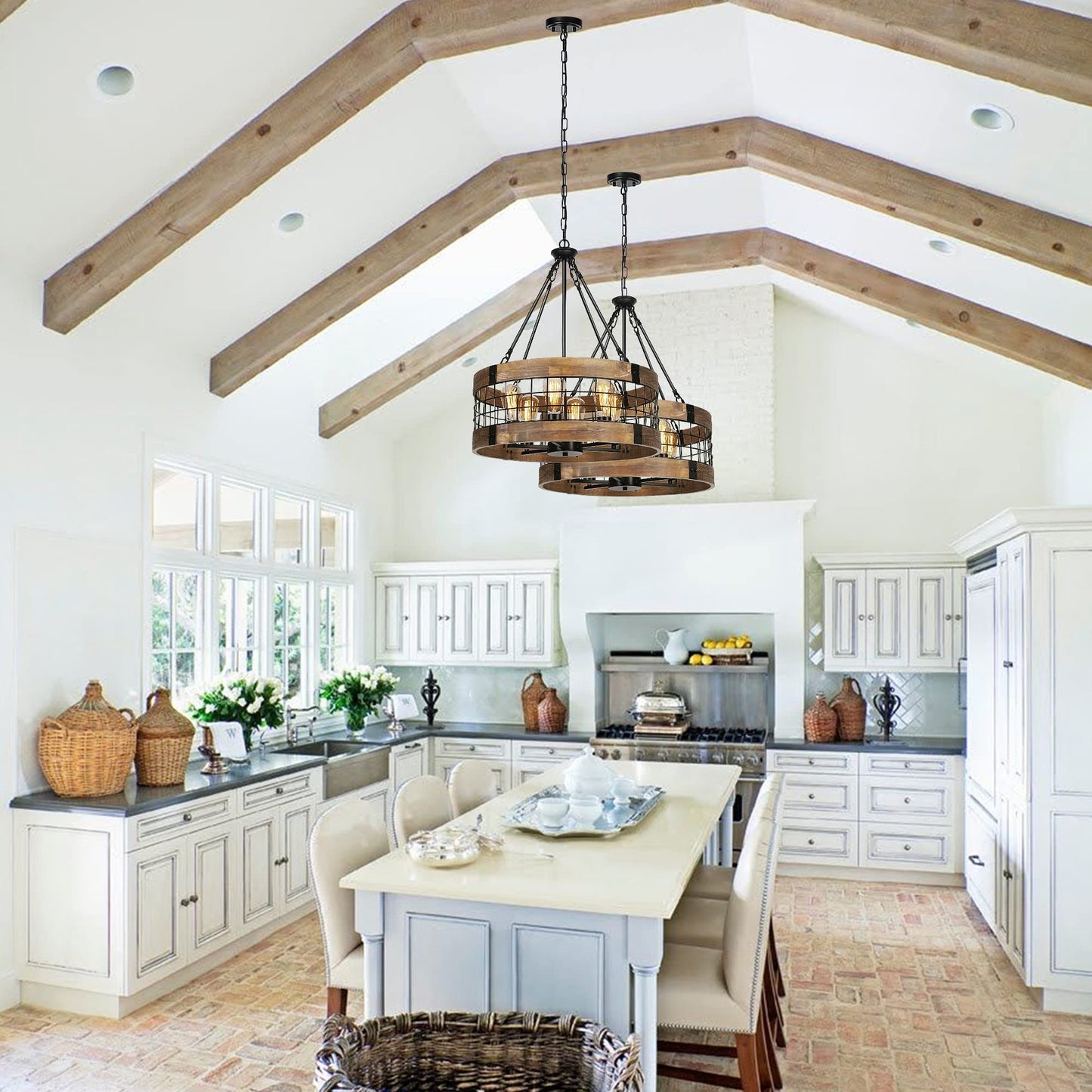 ACNKTZ 6-Light Farmhouse Chandelier for Entryway, Rustic Dining Room Light Fixtures, Industrial Drum Hanging Lighting for Kitchen Island Foyer, Black Wood and Black Metal Finish