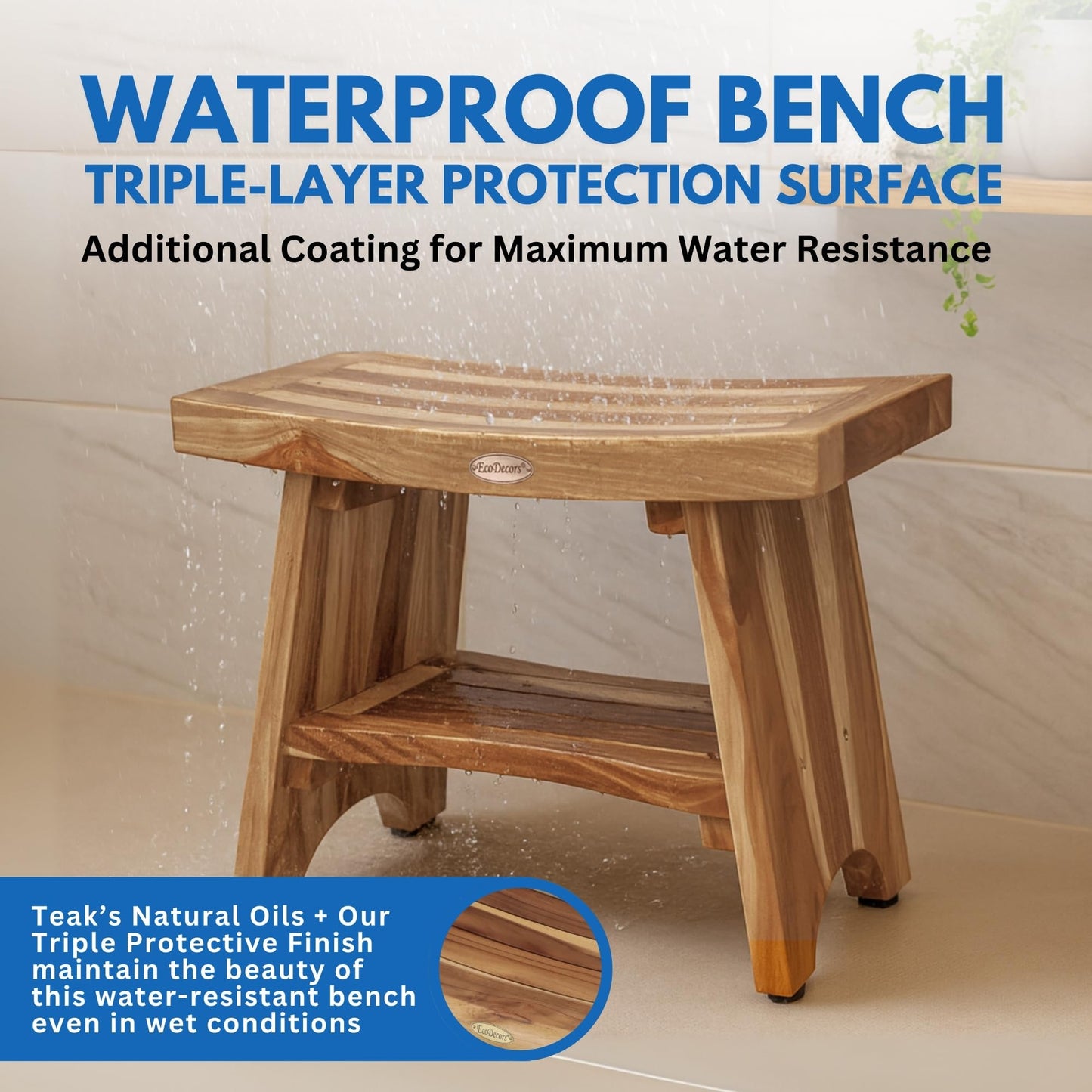 EcoDecors 24 Inch Serenity Teak Shower Bench – Waterproof Bathroom Seat with Large Storage Shelf For Adults & Seniors | Spa-Style Teak Wood Stool with Non-Slip Feet, Elegant Finish, 300 Pound Capacity