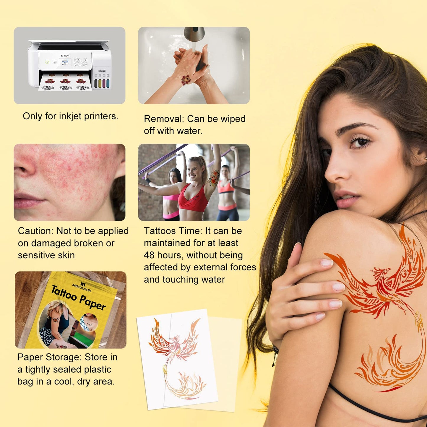 MECOLOUR Printable Temporary Tattoo Paper 8.5"X11"-5 Sets for Inkjet printer DIY Image Transfer Decal Paper for Skin, For Halloween, Celebrate Festivals, Parties, Birthday Bashes,New Year