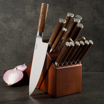 Babish High-Carbon 1.4116 German Steel 15 Piece Full Tang Forged Cutlery Kitchen Knife Block Set - Dark Pakka Wood Handle