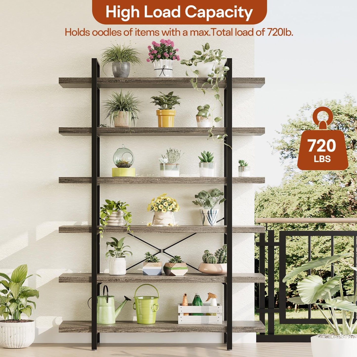 6 Tier Book Shelf, 47'' Wide Wood Industrial Bookshelf, 120lbs Shelf Capacity, Open Storage Shelves, 80'' Tall Heavy Duty Display Shelving, Rustic Grey Bookcase for Bedroom,Living Room,Office - 2Pcs