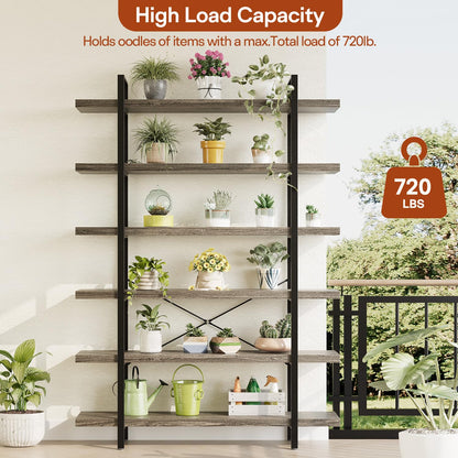 6 Tier Book Shelf, 47'' Wide Wood Industrial Bookshelf, 120lbs Shelf Capacity, Open Storage Shelves, 80'' Tall Heavy Duty Display Shelving, Rustic Grey Bookcase for Bedroom,Living Room,Office - 2Pcs
