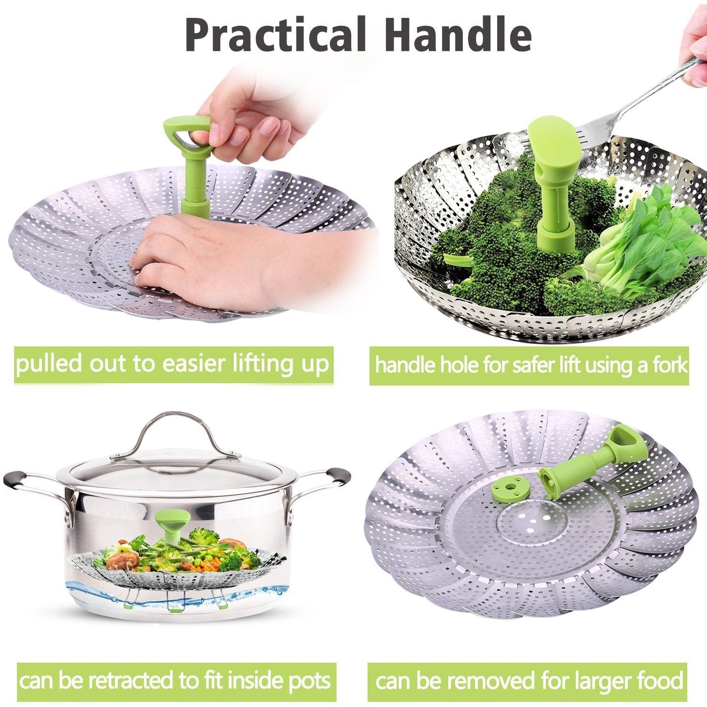 Consevisen Vegetable Steamer Basket for Cooking Food, Stainless Steel Veggie Steam Basket for Pot, Folding Expandable Steaming Insert with Extendable Handle Fits Various Size Pot, 5.1" to 9"