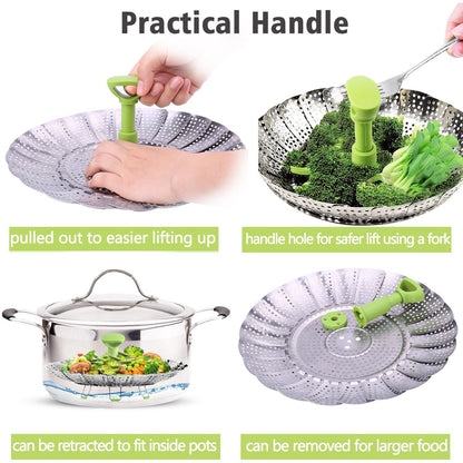 Consevisen Vegetable Steamer Basket for Cooking Food, Stainless Steel Veggie Steam Basket for Pot, Folding Expandable Steaming Insert with Extendable Handle Fits Various Size Pot, 5.1" to 9"