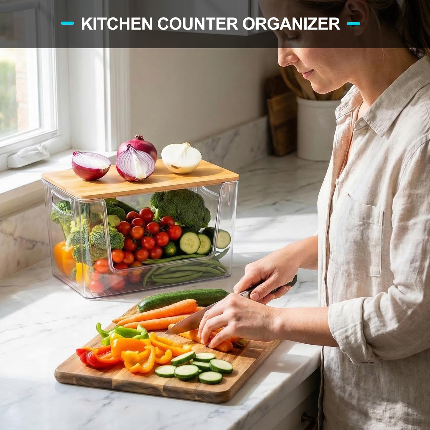 Pantry Organizers Storage, 2 Pack Large Capacity Clear Storage Bins with Bamboo Lids for Onion, Potato, Garlic, Canned Food, Under Sink Organizer Kitchen Countertop Organizer