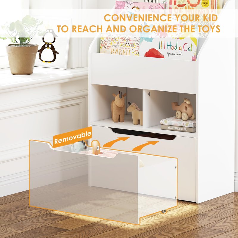 UTEX Kids Bookshelf with Movable Toy Box, Toddler Book Shelf and Toy Storage, Children Book Display Rack Toy Chest Combo for Kids Room & Nursery, White