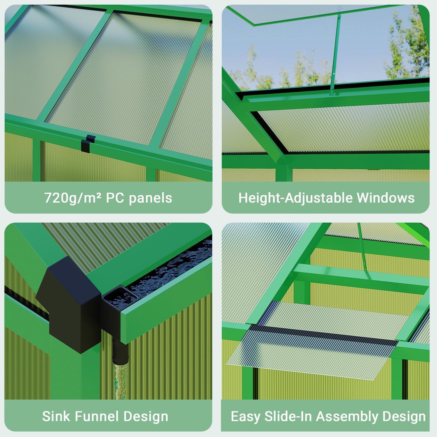 6x10 FT Greenhouse, Outdoor Sliding Door, Polycarbonate Greenhouse with Aluminum Frame, Lockable Door and Ajustable Roof Vent for Backyard, Outside Garden Backyard, Patio, Green