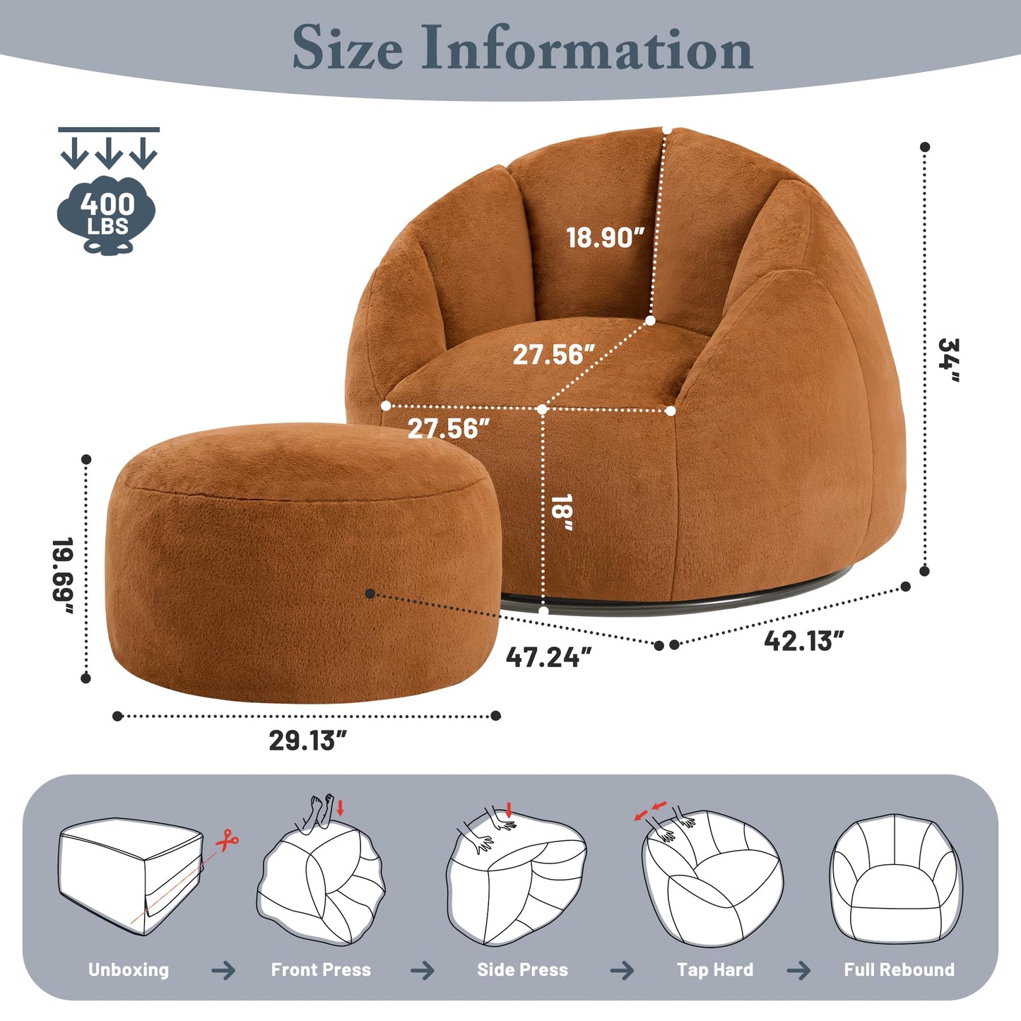 Gericco Giant Bean Bag Swivel Chair for Adults with Ottoman - Comfy Plush Round Shell Soft Accent Chaise Lounge Indoor Chair, Oversized Cozy Floor Sofa for Living Room Game Rooms, Orange