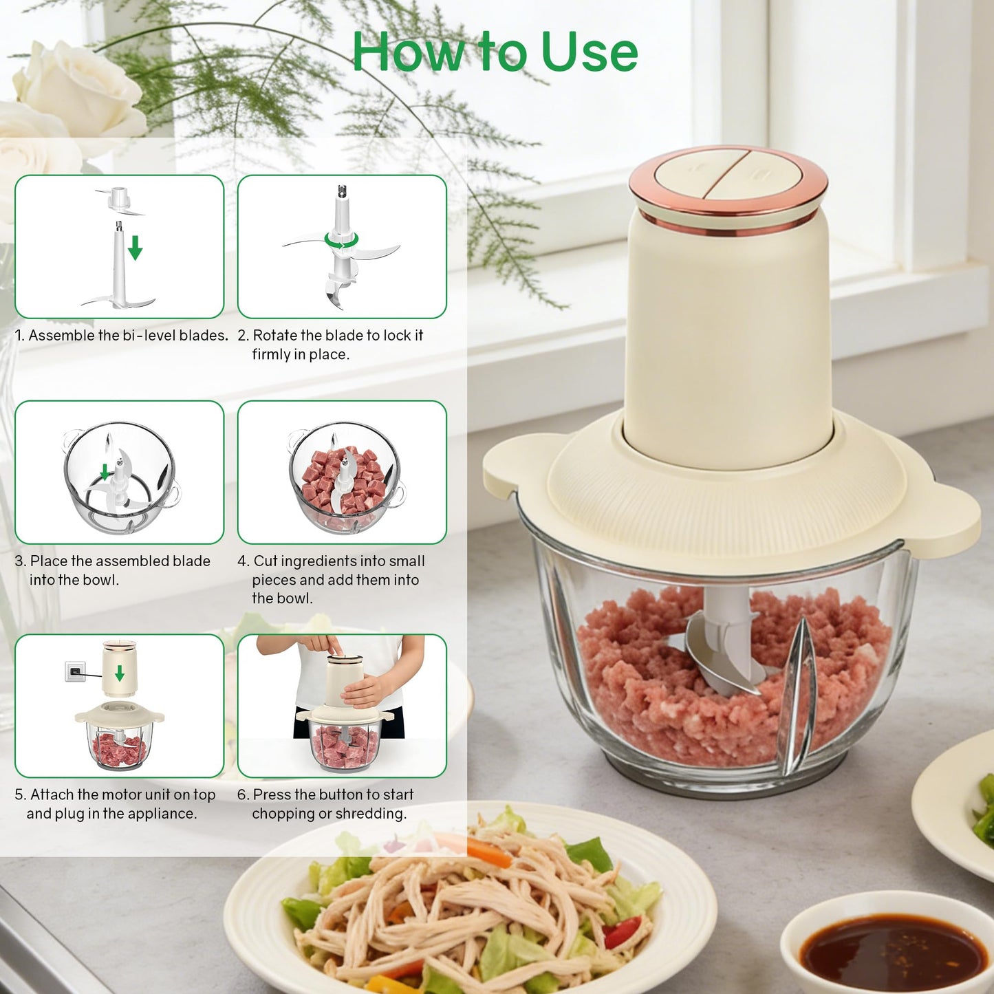 Food Processors 300W Electric Chicken Shredder Meat Grinder with Dual Blades and Full Copper Motor, 2L Food Chopper for Meat/Cooked Chicken Breast/Fish/Vegetable/Baby Food/Pet Food(Large)