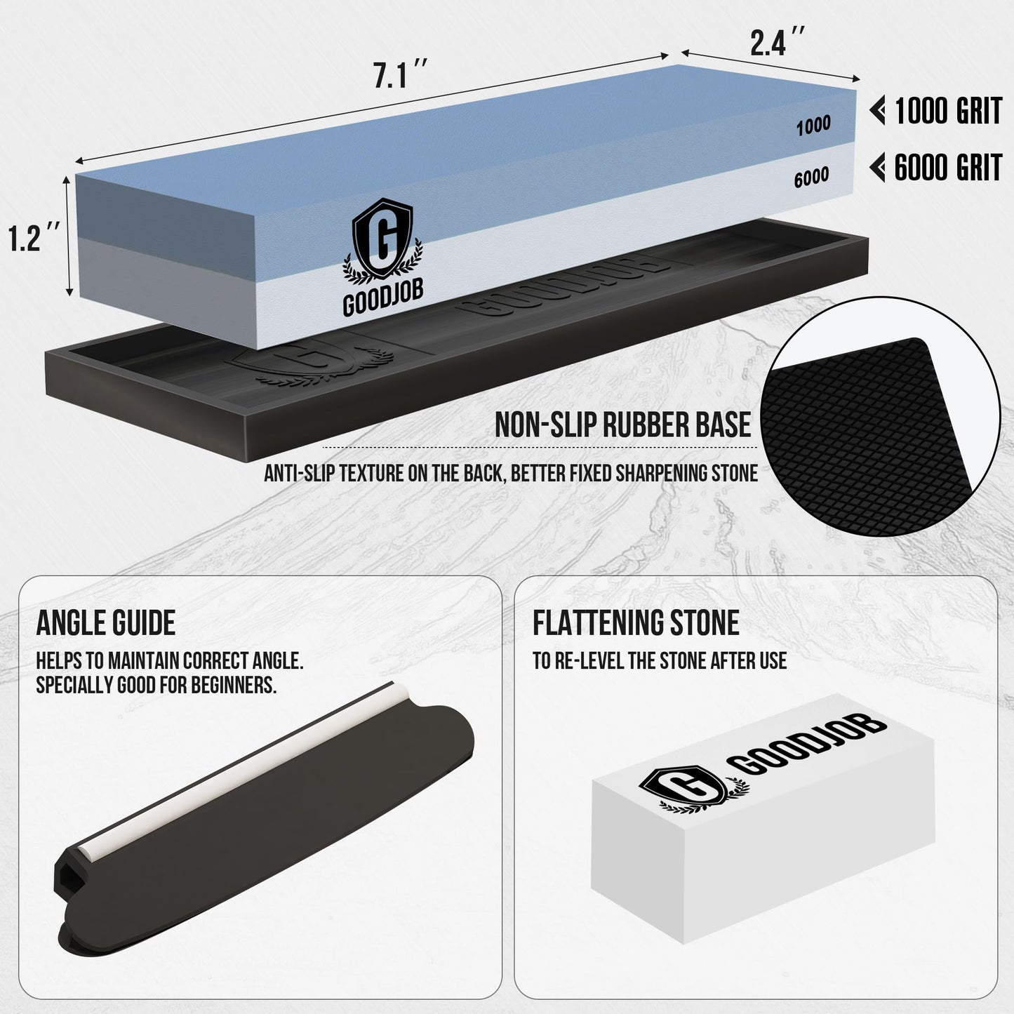 Knife Sharpening Stone Kit - Goodjob Premium Japanese Whetstone Knife Sharpener Stone Set - Dual Grit 1000/6000 Water Stones with Non-Slip Silicone Base, Angle Guide, Flattening Stones
