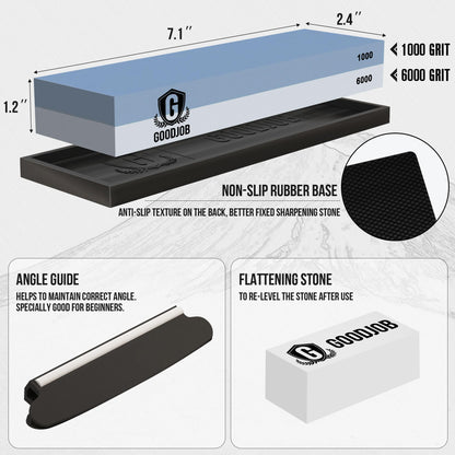 Knife Sharpening Stone Kit - Goodjob Premium Japanese Whetstone Knife Sharpener Stone Set - Dual Grit 1000/6000 Water Stones with Non-Slip Silicone Base, Angle Guide, Flattening Stones
