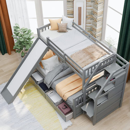 DNYN Full Size Loft Bed with Desk & Shelves & Ladder for Kids/Adults,Solid Wood Bedframe,High Loftbed with Safety Guardrails,Space Saving Design & No Box Spring Needed,79.3"×58.5"×65.4", Gray