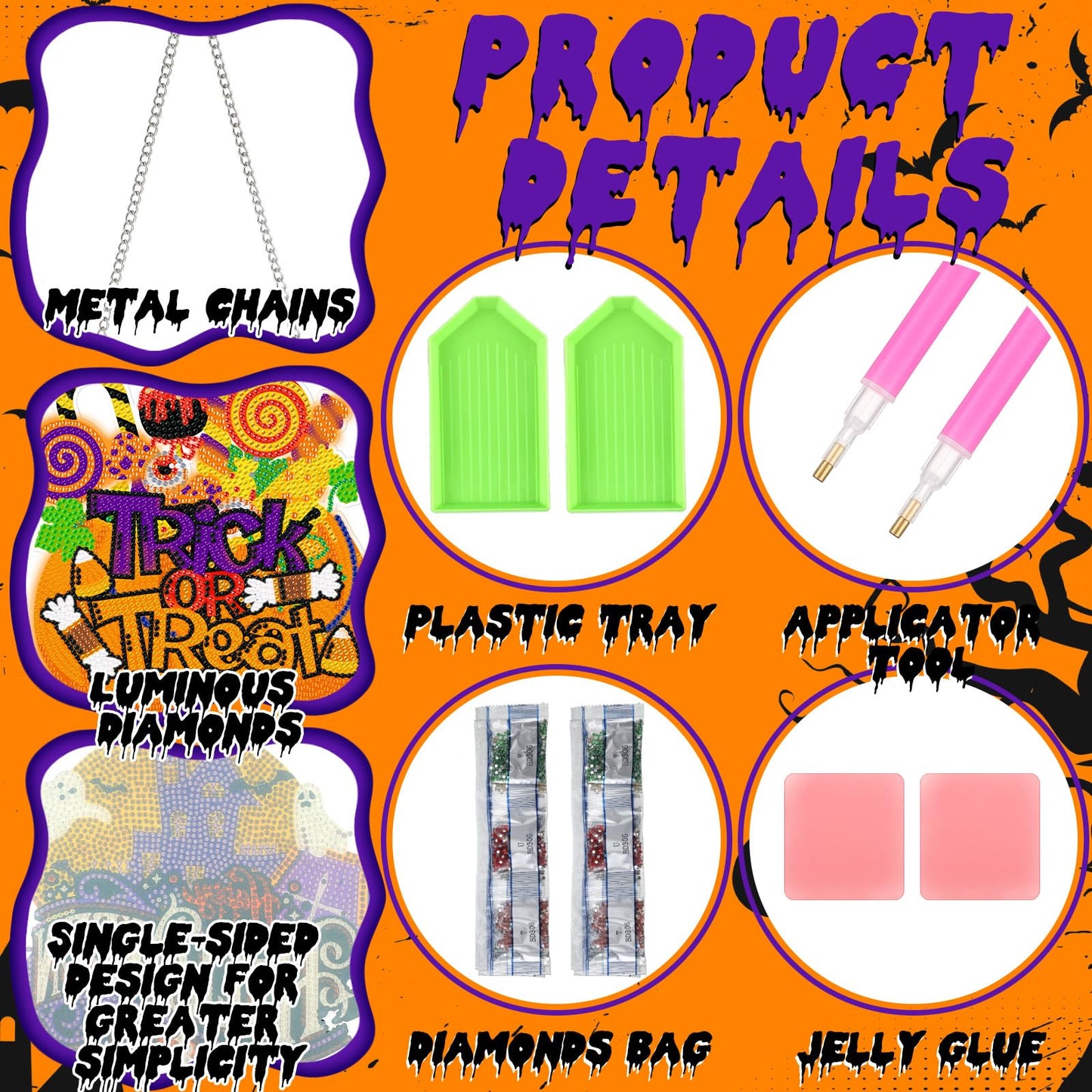 Chiisong 6 Pcs Halloween Diamond Art Painting Kits Hanging Sign Set Witch Pumpkin Gnome Glow in The Dark Diamond Art Painting Kits Halloween Hanger Adult 5d DIY Craft for Wall Door Window Porch Decor