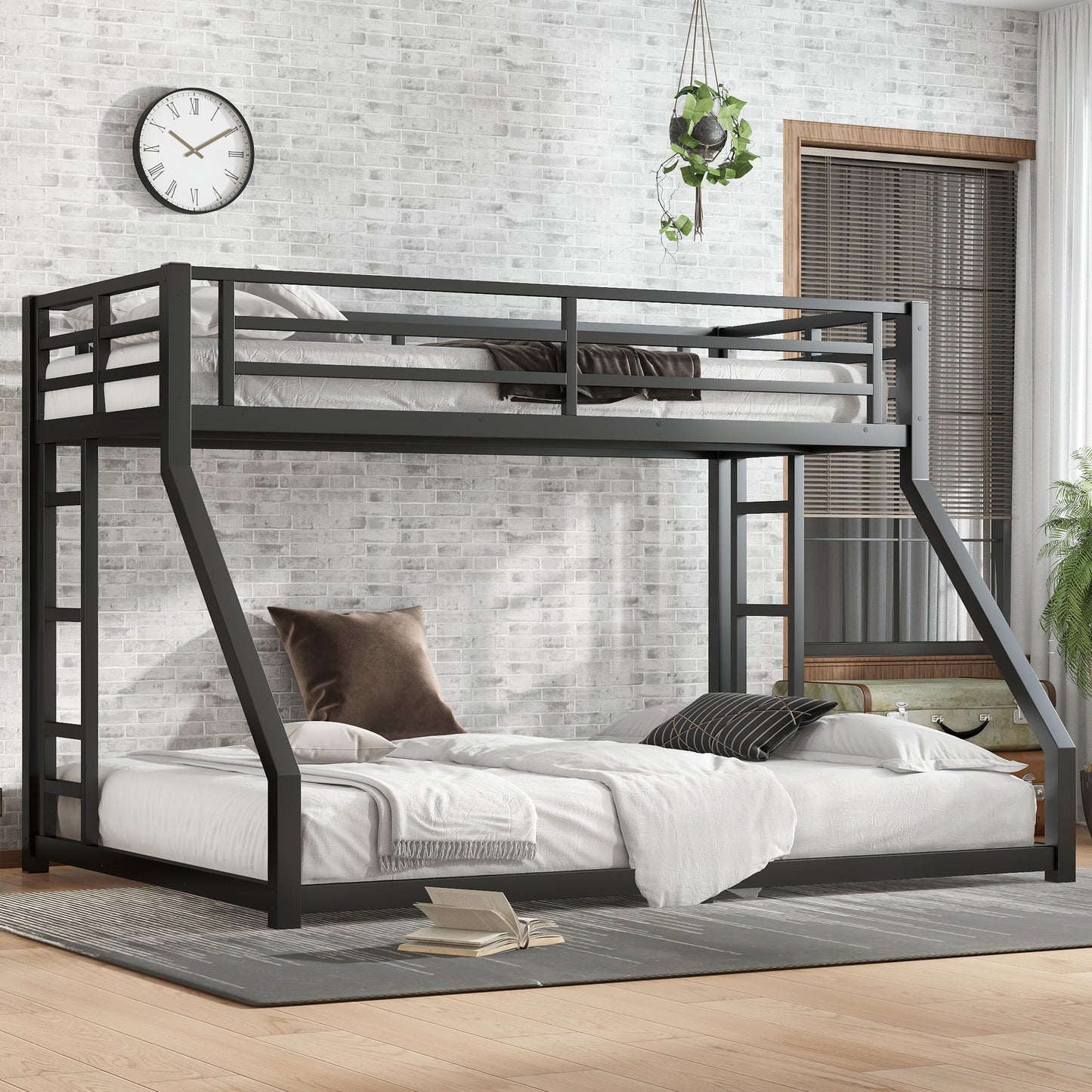 KEIKI Twin XL Over Queen Bunk Bed Metal Frame, Heavy Duty Bunk Bed with Ladder & Safety Guardrail, Noise Free, No Box Spring Needed, Space Saving Bed for Teens & Adults, Black