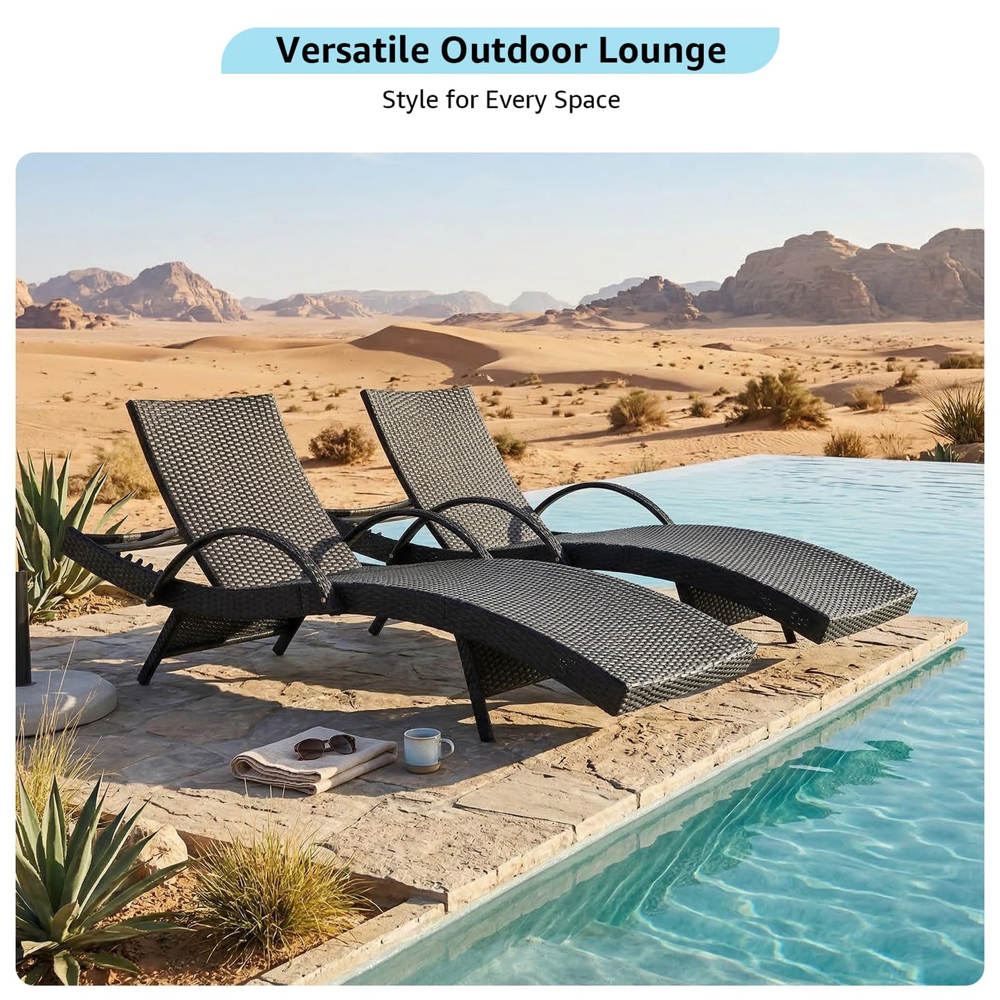 Sereniet 80.3" Outdoor Wicker Chaise Lounge Set of 2, with Pull-Out Side Table, Adjustable Pool Lounge Chairs, Patio Loungers for Balcony, Deck, or Backyard (Black)