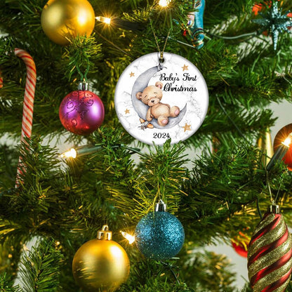 Baby's First Christmas 2025 Boy Bear on The Moon Ornament, Christmas Wedding Decoration, Newlywed 2025 (Yellow and