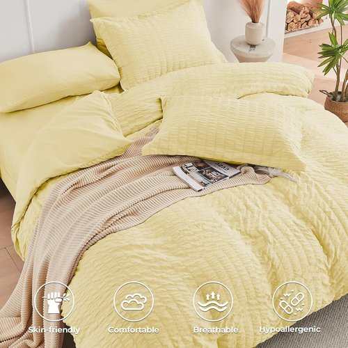 HYMOKEGE Queen Comforter Set - Luxury 7-Piece Seersucker Bedding Set for All Seasons | Yellow