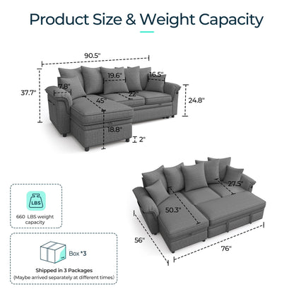 LINSY HOME 90.5'' Sectional Sleeper Sofa with Pull Out Couch Bed Modular (Gray, 90.5'')