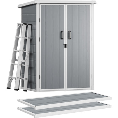 DWVO Outdoor Tall Storage Shed 60 Cuft with 2 Shelves, 5X3FT Vertical Tool Shed with Floor & Lockable Doors, Sturdy Double-Wall Plastic Cabinet for Garbage Cans and Garden Storage