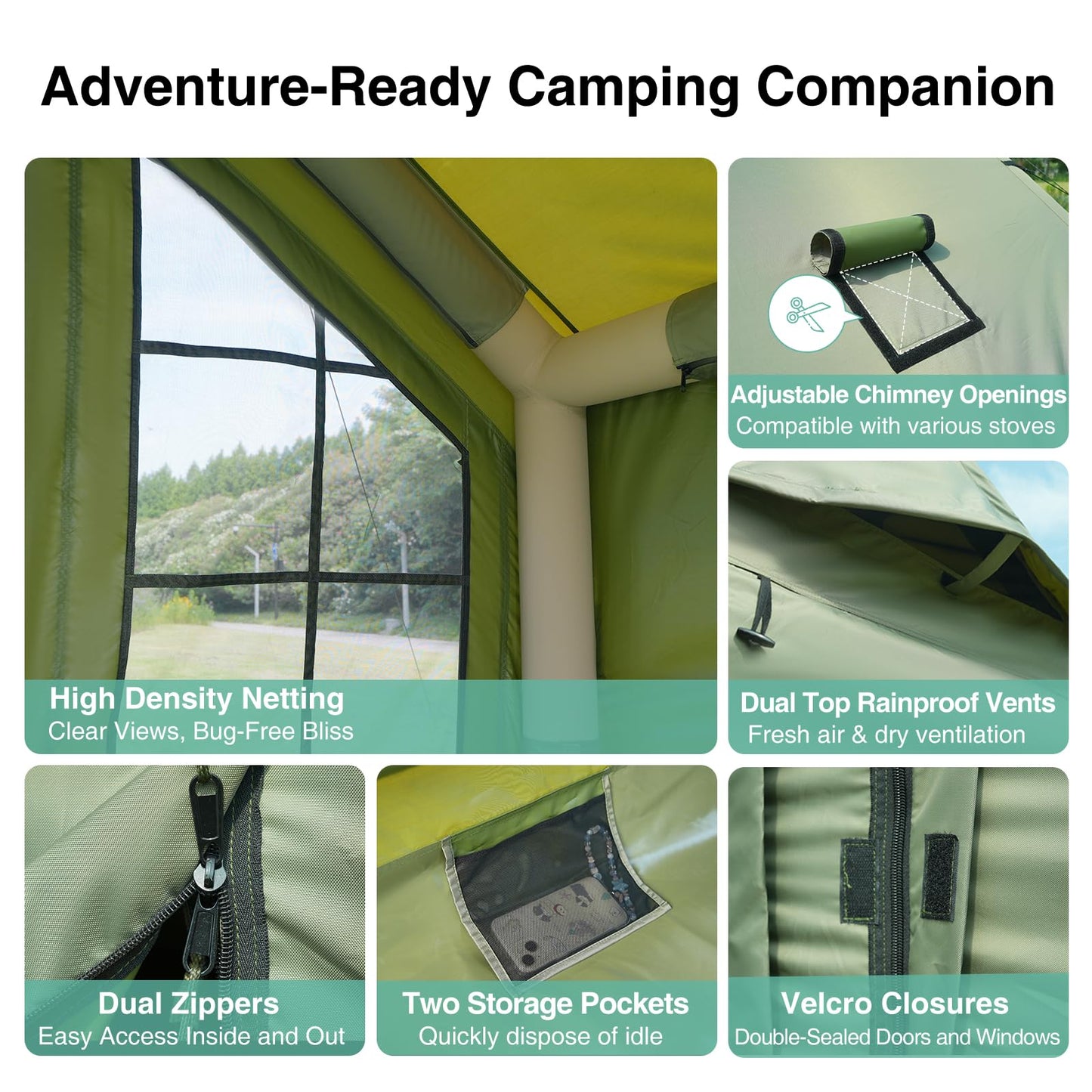 KNUO 2026 Upgraded Waterproof Inflatable Camping Tent for Winter with Rain Cover for 4~6 People, Large Blow-Up Air Tent, No Assembly Needed Luxury Glamping House, 12x12ft Oxford Fabric, Green