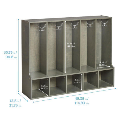 ECR4Kids Streamline 5-Section Coat Locker with Bench and Scoop Front Storage Bins, Toddler Size, Grey Wash, Classroom Furniture, Blue