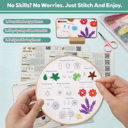 CLRDIVA First Embroidery Kit for Beginners: Pre-Printed Needlepoint Starter Kits with Complete Tools & Step-By-Step Videos Guide - Zero Stress to Learn 31 Stitches - Adults Relaxing DIY Craft Hobby