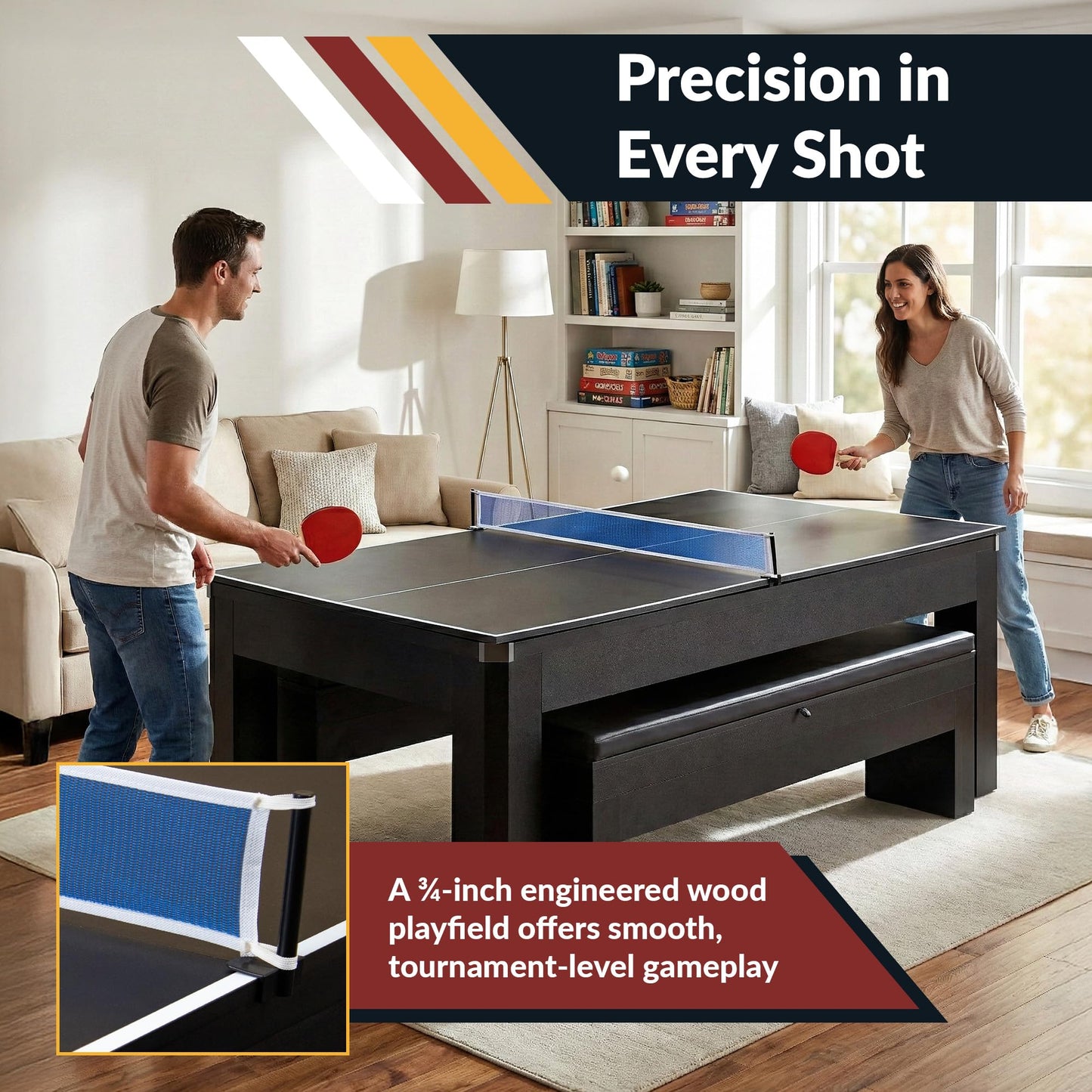 Hathaway Park Avenue 7 Ft Pool Table Combo Set with Benches and Complete Game Accessories - Billiard Table with Ping Pong and Dining Top - Engineered Wood Frame, Black Finish, Red Felt