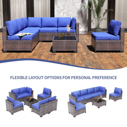 GAOMON 7 Pieces Outdoor Patio Furniture Sets, Rattan Conversation Set with Sectional Sofa, Chairs and Coffee Table, Waterproof Patio Conversation Sets (Brown & Navy Blue)