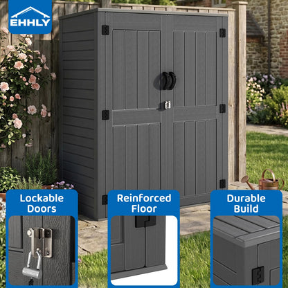 EHHLY Vertical Resin Storage Shed, 60 Cuft Garden Tool Sheds & Outdoor Storage, Plastic Outdoor Storage Cabinet Waterproof, 4.5 x 2.3 ft Backyard Outside Lawn Mower Storage Shed, Grey