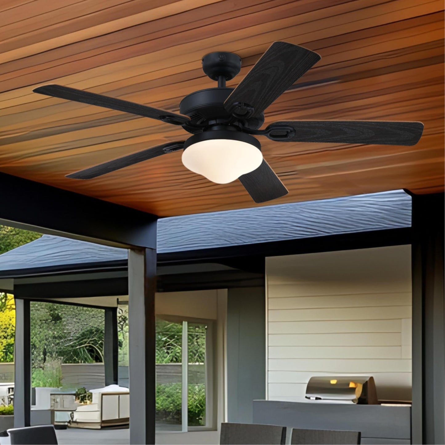 Westinghouse Lighting Deacon Traditional Indoor/Outdoor Ceiling Fan, LED Light Fixture with Opal Frosted Glass, Remote Control, 52 Inch, Matte Black Finish