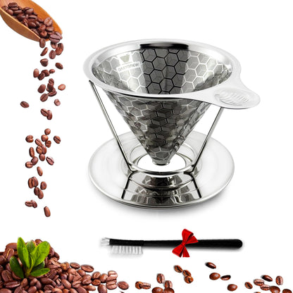 dailybrew Pour over Coffee Dripper, Triple Layer Stainless Steel Cone Coffee Filter, 4 Cup Non-Electric Manual Portable Drip Coffee Maker, Metal Cone Cafe Coffee Dripper