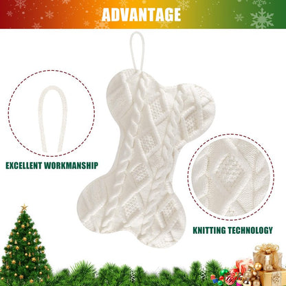 Doitory Dog Christmas Stocking, Large Bone Shape Knit Christmas Stockings for Dogs, Xmas Party Hanging Stocking for Fireplace Tree Gift Home Decoration (White)
