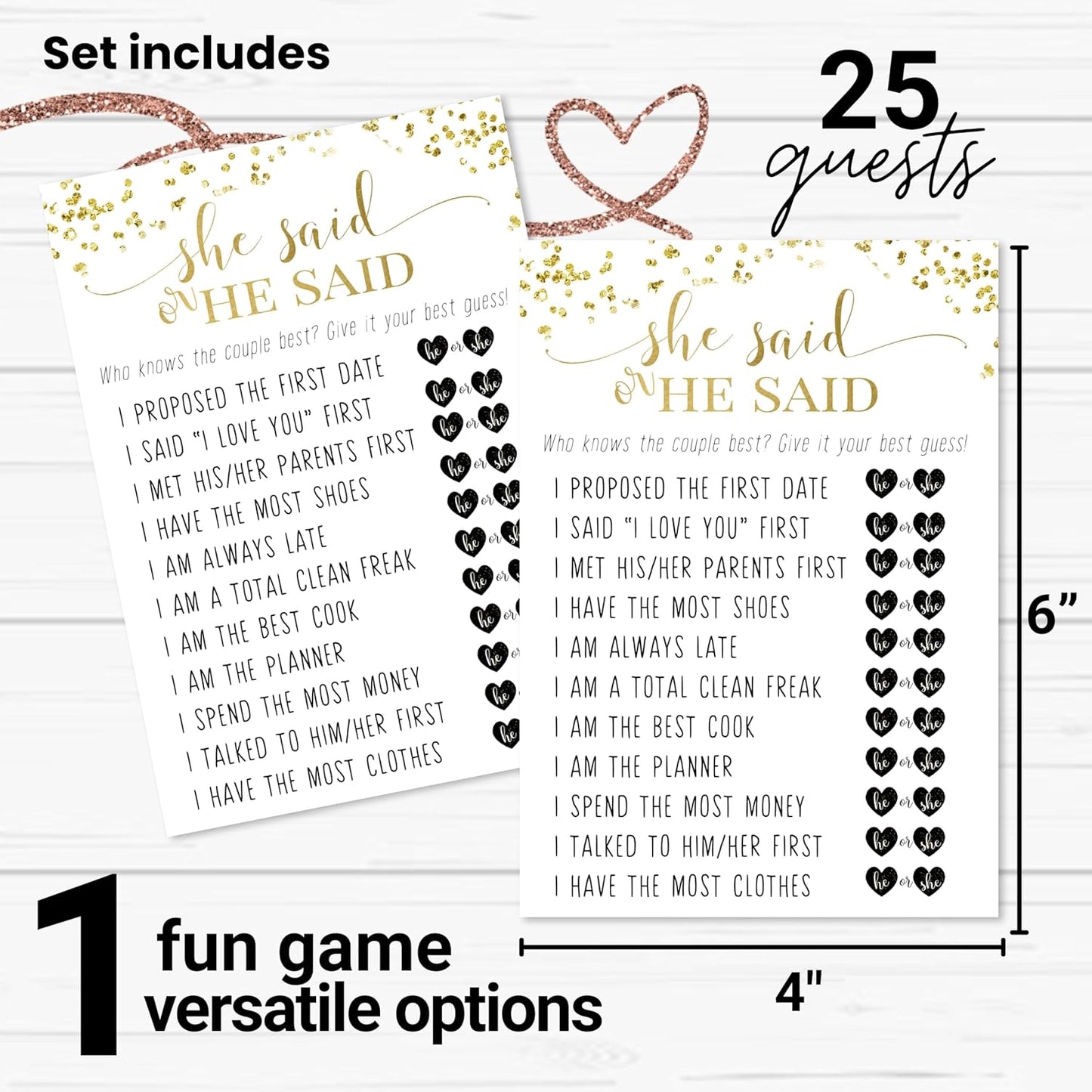 Black and Gold Bridal Shower Games - 25 Cards for He Said She Said, Guess Who Wedding Activity