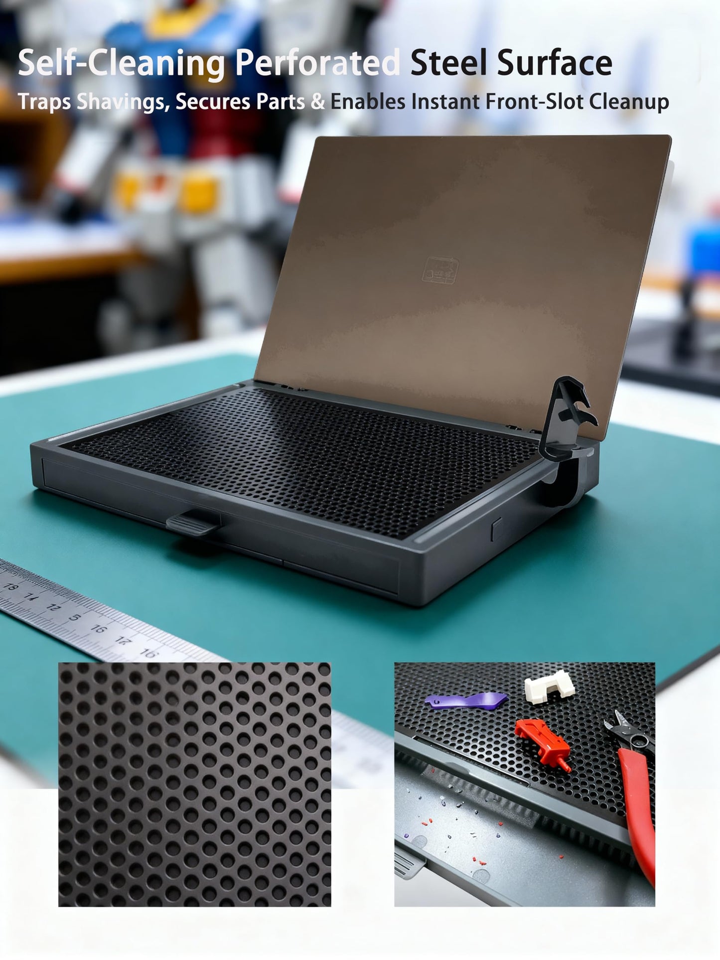 Model Workbench & Model Workstation for Gundam – All-Metal Perforated Top, Double-Sided PVC Cutting Mat, Removable Parts Tray & Text Stand – Compact Tool Bench for Gundam Building & Hobby Assembly