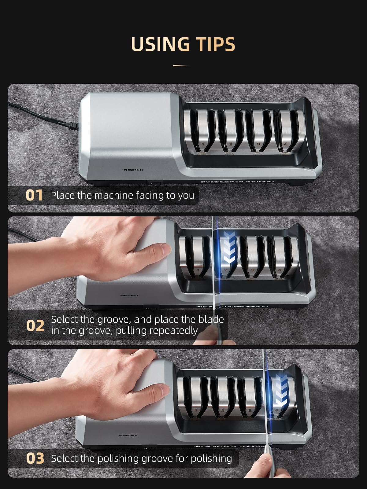 Reemix Electric Knife Sharpener with 4-Stage Sharpening (Repair, Coarse, Medium, Fine & Polish), 20° Fixed Angle, Non-Slip Base & Metal Shavings Collector for Kitchen Knives (Sliver)