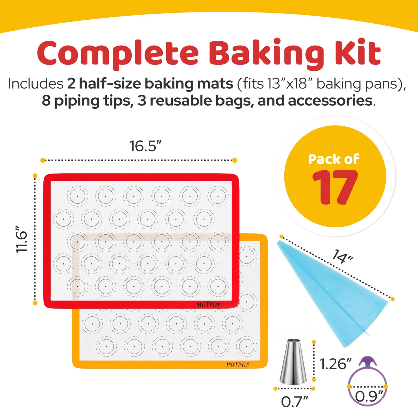 HOTPOP Piping Bags and Tips Set for Macarons - 17-Piece Baking Supplies Kit - Reusable Silicone Pastry Bags - 2 Half-Size Baker Mats - Ideal for Home Pastry Baking (16.5"x11.5")