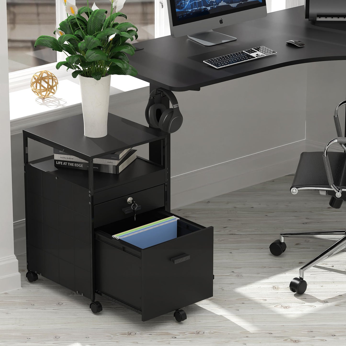 SHW Box File Rolling Mobile Cabinet with Open Shelf and Lockable Drawer, Black